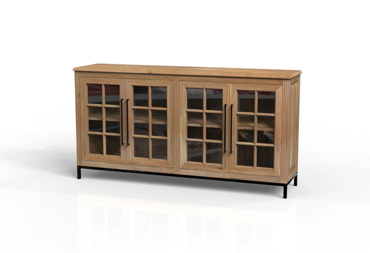 Cantwell 77" 4 Door Glass Front Sideboard - Natural + Grey - The Furnishery