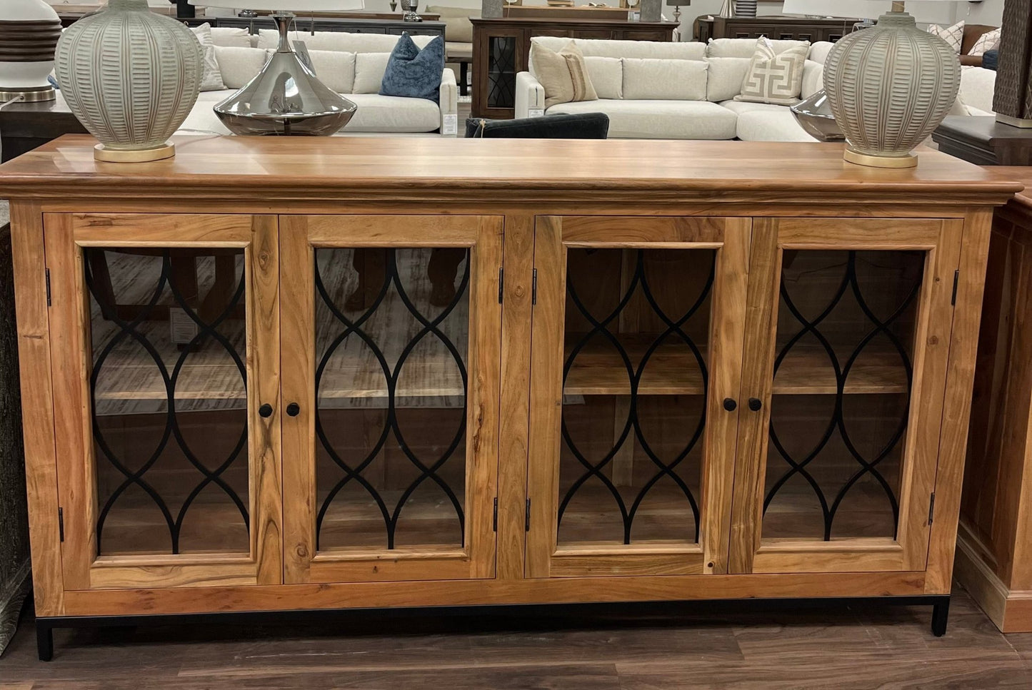 Eliza 82" 4 Door Glass Front Sideboard - Natural - The Furnishery