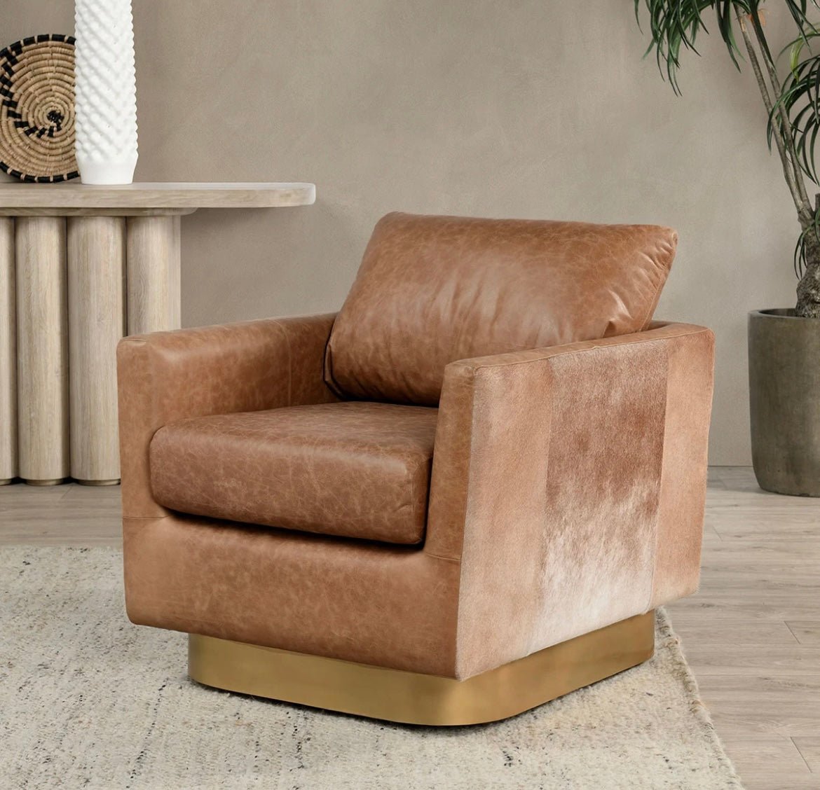 Lathe Leather/Hide Accent Chair Chestnut Brown/Blonde - The Furnishery