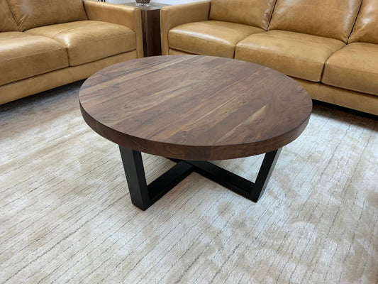 Malcolm Acacia 40" Round Coffee Table - Natural & Grey - The Furnishery