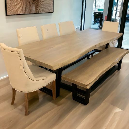 Natural Acacia 108' Live Edge Dining Table - New White Wash - The Furnishery